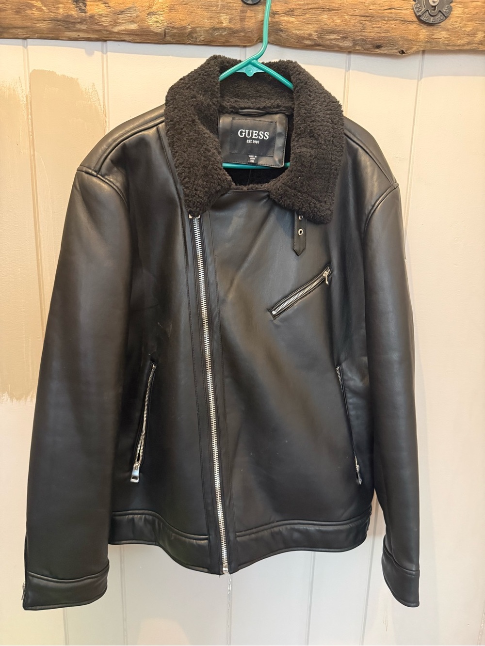 GUESS Men’s XXL Black Faux Leather Bomber Jacket with Sherpa Collar